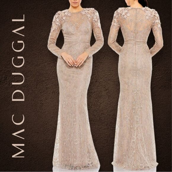 MAC DUGGAL Women’s Embellished Appliqué Shoulder Detail Long Sleeve Gown Size 4